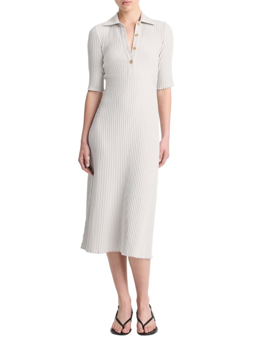 Vince Ribbed Cotton-Blend Polo Dress Color: SALT GLASS, size M
